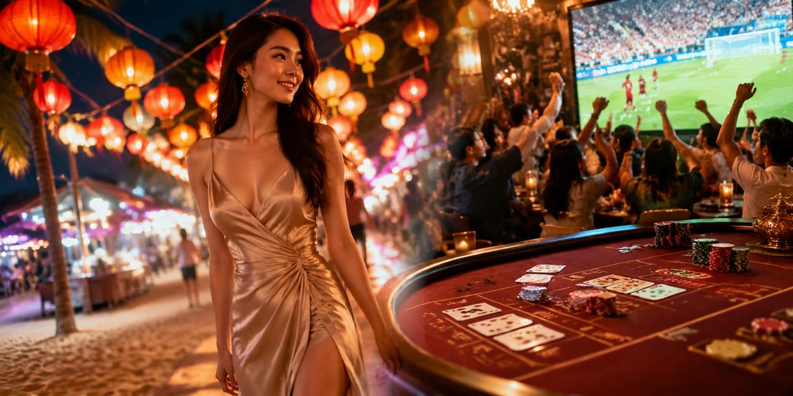 Du khách và người dân Mũi Né thưởng thức baccarat live casino vào buổi tối tại chợ đêm ven biển